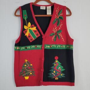 Kathie Lee embroidered Christmas button up vest sz M red black holidays party